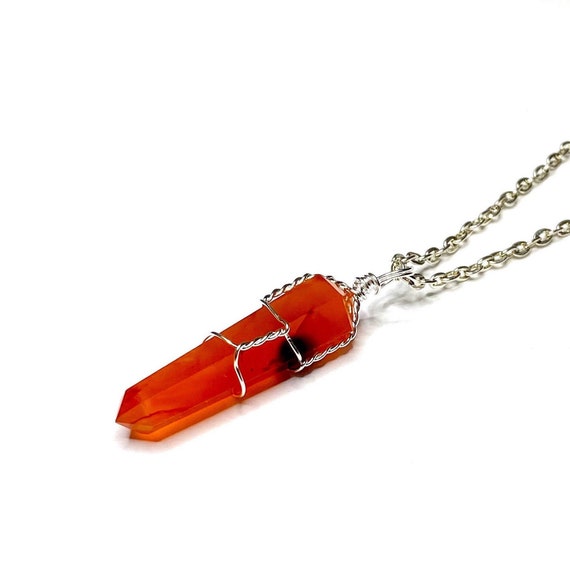 Carnelian Pendant Wire Wrapped With Chain