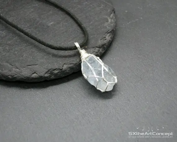 Celestite Raw Pendant, Celestine Rough Necklace, Silver Filled Wire, Unisex Crystal Amulet, Gift Jewelry