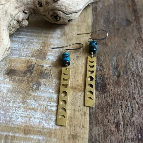 Hammered Brass Moon Phase Earrings With Chrysocolla
