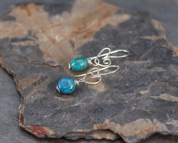 Chrysocolla Earrings, Handmade Wire Heart Earrings, Blue Green Stone Earrings, Teal Stone Drop Earrings, Jewelry Gift For Woman