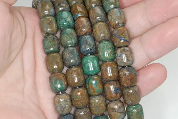 14x12mm Brown Green Chrysocolla Quantum Quattro Gemstone Drum Barrel Loose Beads 7.5 Inch Half Strand (90188504-674)