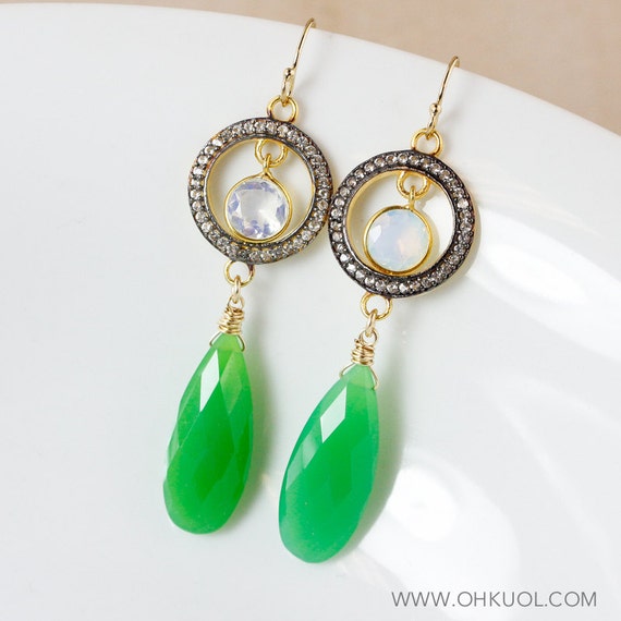 Gold Green Chrysoprase Earrings, Aqua Blue Quartz, White Opalite, Chrysoprase Jewelry