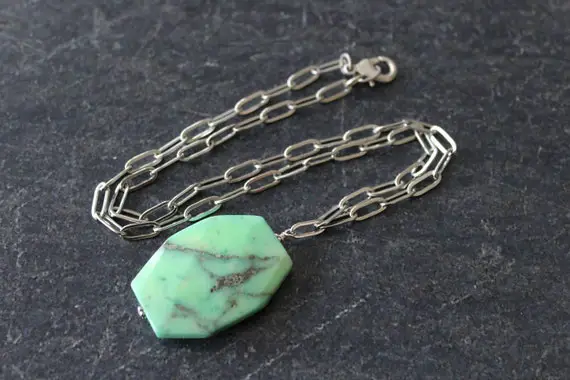 Chrysoprase Silver Paperclip Chain Necklace, Paperclip Chain Jewelry, Antique Silver Paperclip Chain, Faceted Chrysoprase Nugget Pendant