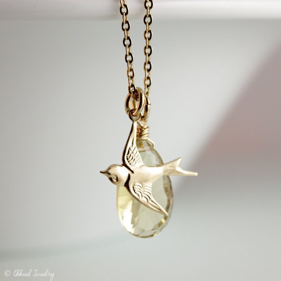 Champagne Citrine Necklace - With Flying Sparrow Bird - 14k Gold Fill