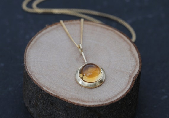 Citrine Cabochon 18k Gold Necklace, Gift For Her Yellow Gem Pendant Necklace