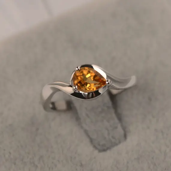 Yellow Citrine White Gold Solitaire Engagement Ring Pear Cut November Birthstone Ring
