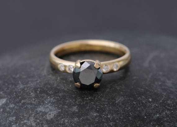 Black Diamond Engagement Ring In 18k Gold - Solitaire Diamond Engagement Ring With Four White Diamonds