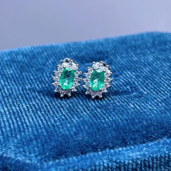 Emerald Earrings, Natural Oval 3*5mm Colombia Emerald, 925 Sterling Silver Cz Diamond Earrings, Anniversary Gift, Delicate Earrings