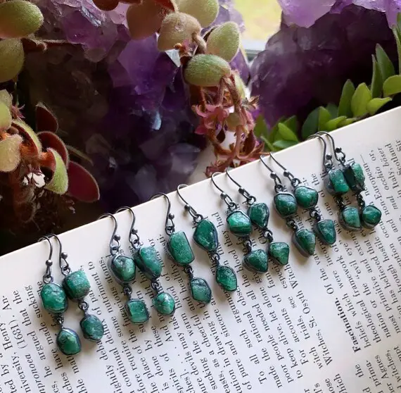 Raw Emerald Earrings, May Birthstone, Raw Crystal Earrings