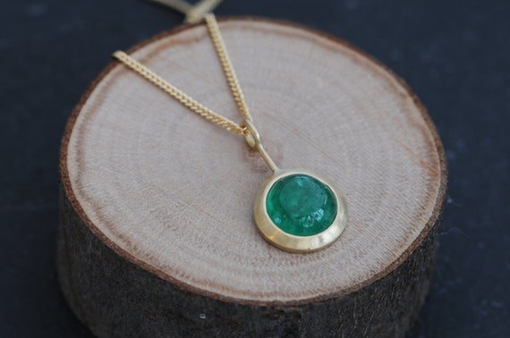 Emerald Cabochon Necklace In 18k Gold, Christmas Gift For Her Emerald Pendant