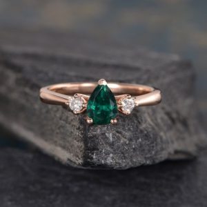 Three Stone Lab Emerald Engagement Ring Pear Shaped Rose Gold 3 Stone Bridal Diamond Women Anniversary Gift Drop Tear Wedding Birthstone May | Natural genuine Array rings, simple unique alternative gemstone engagement rings. #rings #jewelry #bridal #wedding #jewelryaccessories #engagementrings #weddingideas #affiliate #ad