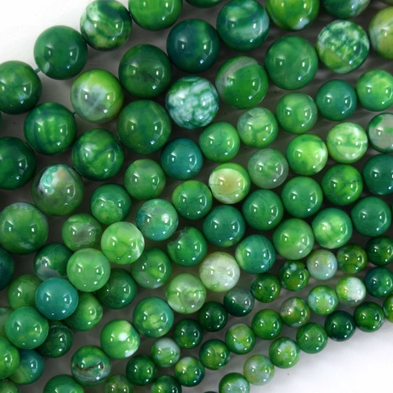 Dark Green Fire Agate Round Bead Gemstone 15" Strand 6mm 8mm 10mm