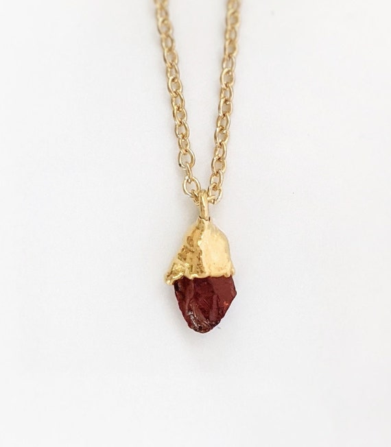 Raw Garnet Necklace, Raw Stone Pendant, Raw Crystal Necklace, January Birthstone Necklace, Red Stone Necklace On Gold Chain, Boho Necklace