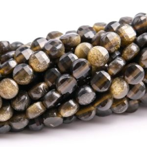Shop Golden Obsidian Beads! 4x2MM Golden Obsidian Beads Faceted Flat Round Button Grade AA Genuine Natural Gemstone Loose Beads 15.5" / 7.5" Bulk Lot Options (117545) | Natural genuine faceted Golden Obsidian beads for beading and jewelry making.  #jewelry #beads #beadedjewelry #diyjewelry #jewelrymaking #beadstore #beading #affiliate #ad