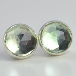 Shop Green Amethyst Jewelry! green quartz 8mm prasiolite rose cut sterling silver stud earrings pair | Natural genuine Green Amethyst jewelry. Buy crystal jewelry, handmade handcrafted artisan jewelry for women.  Unique handmade gift ideas. #jewelry #beadedjewelry #beadedjewelry #gift #shopping #handmadejewelry #fashion #style #product #jewelry #affiliate #ad