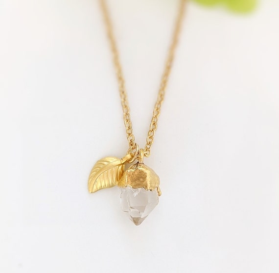 Raw Herkimer Diamond Necklace, Raw Crystal Pendant, Raw Stone Necklace, Gold Birthstone Necklace, Boho Crystal Necklace, Girlfriend Gift