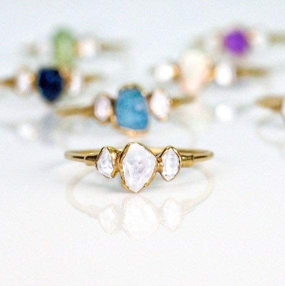 Raw Herkimer Diamond Ring, April Birthstone Ring, Raw Gemstone Ring, Raw Crystal Ring, Unique Diamond Engagement Ring, Birthstone Jewelry