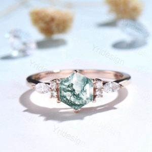 Shop Moss Agate Rings! Hexagon moss agate ring dainty vintage green moss agate engagement ring art deco 7 stone moissanite ring rose gold for women promise ring | Natural genuine Moss Agate rings, simple unique alternative gemstone engagement rings. #rings #jewelry #bridal #wedding #jewelryaccessories #engagementrings #weddingideas #affiliate #ad