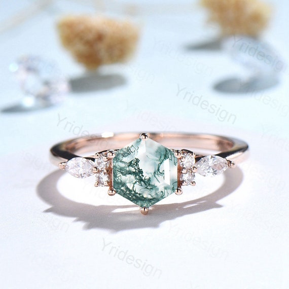 1carat Hexagon Moss Agate Ring Vintage Green Agate Engagement Ring Art Deco 7 Stone Marqusie Moissanite Diamond Ring Rose Gold For Women