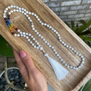Shop Howlite Necklaces! 7 chakra stone and white howlite mala necklace with silk thread | Natural genuine Howlite necklaces. Buy crystal jewelry, handmade handcrafted artisan jewelry for women.  Unique handmade gift ideas. #jewelry #beadednecklaces #beadedjewelry #gift #shopping #handmadejewelry #fashion #style #product #necklaces #affiliate #ad