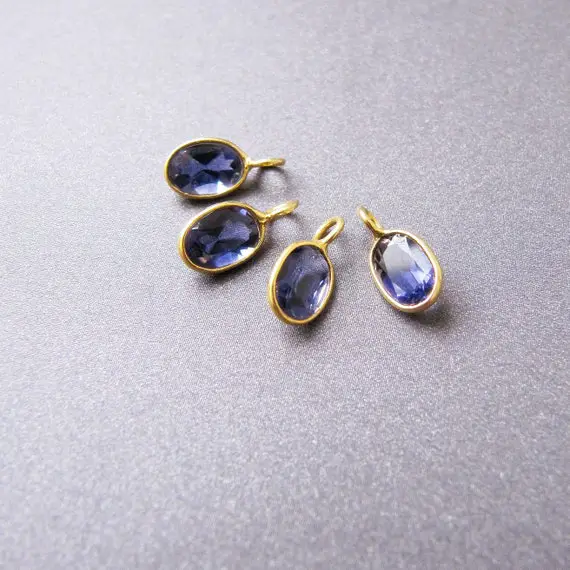 18k Gold Iolite Charm • 3mm Ring With 1.60mm Hole • 6x4mm Natural Gemstone • Solid 18 Carat Gold