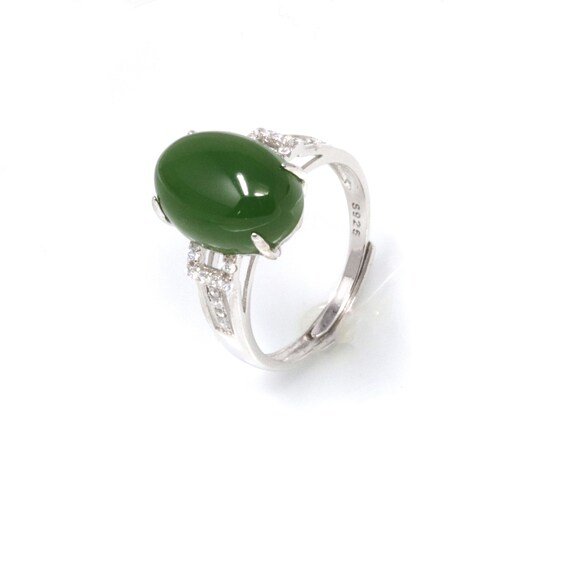 Silver Natural Nephrite Green Jade Classic Ring - Real Jade Green Gemstones Jewelry For Birthday, Anniversary, Wedding, For Women For Love