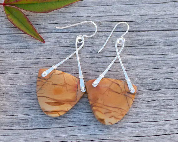 Picasso Jasper Earrings, Warm Golden Brown Natural Stone, 925 Sterling Silver, Shield Shaped Statement Earrings