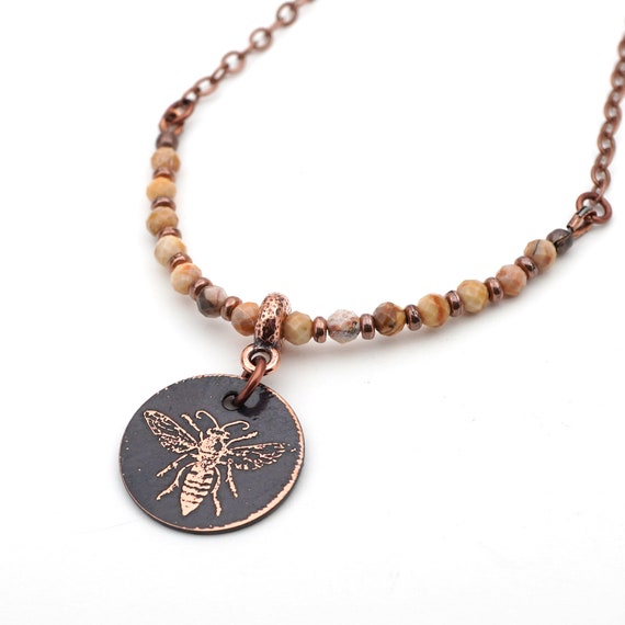 Copper Bee Necklace With Pastel Earth Tones, Venus Jasper Beads, Etched Metal, 19 1/4 Inches Long
