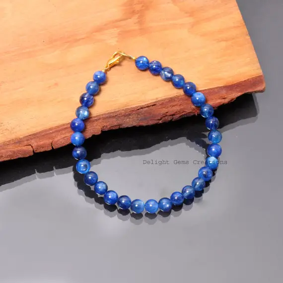 Natural Blue Kyanite Beaded Bracelet-6mm-6.5mm Smooth Round Gemstone Bracelet-925 Gold Platted Lobster Clasp-aaa Kyanite Jewelry-halloween