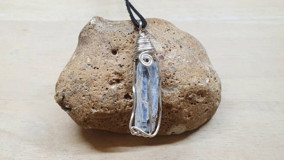 Raw Crystal Necklace. Blue Kyanite Pendant. Reiki Jewelry Uk. Wire Wrapped Pendant