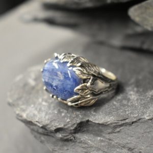 Shop Kyanite Rings! Leaf Ring, Kyanite Ring, Natural Kyanite, Horizontal Ring, Unique Artistic Ring, Blue Vintage Ring, Silver Leaf Ring, Solid Silver Ring | Natural genuine Kyanite rings, simple unique handcrafted gemstone rings. #rings #jewelry #shopping #gift #handmade #fashion #style #affiliate #ad