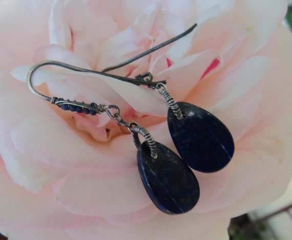 Lapis Lazuli Briolette, Oxidized Sterling Silver Hook Style Earrings