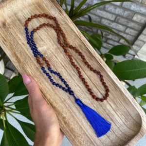 Lapis lazuli and rudraksha seed mala necklace with silk thread | Natural genuine Gemstone necklaces. Buy crystal jewelry, handmade handcrafted artisan jewelry for women.  Unique handmade gift ideas. #jewelry #beadednecklaces #beadedjewelry #gift #shopping #handmadejewelry #fashion #style #product #necklaces #affiliate #ad