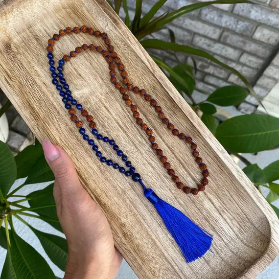 Lapis Lazuli And Rudraksha Seed Mala Necklace With Silk Thread