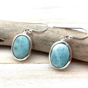 Shop Larimar Earrings! Larimar Silver Earrings / Simple Larimar Oval Dangly Earrings / Small Larimar Earrings / Natural Blue Larimar / Smooth Larimar Sterling | Natural genuine Larimar earrings. Buy crystal jewelry, handmade handcrafted artisan jewelry for women.  Unique handmade gift ideas. #jewelry #beadedearrings #beadedjewelry #gift #shopping #handmadejewelry #fashion #style #product #earrings #affiliate #ad