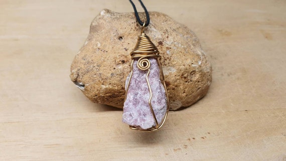 Raw Lepidolite Pendant. Brass Purple Raw Crystal Necklace. Unisex Wire Wrapped Reiki Jewelry Uk. Libra. Bohemian Boho Hippie.