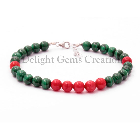 Malachite And Red Coral Beaded Bracelet, 6-6.5mm Green Red Smooth Round Beads Bracelet, Gemstone Bracelet, Healing Bracelet, Womens Bracelet