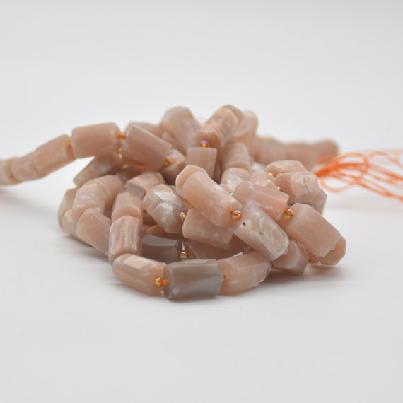 Natural Peach Moonstone Semi-precious Gemstone Frosted Matt Tube Beads - 15" Strand