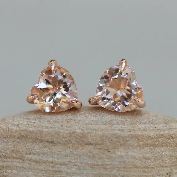 Heart Morganite Stud Earrings With Fang Prongs, Hidden Diamond Halos, Lifetime Care Plan Included, Genuine Gems And Diamonds Ls5744