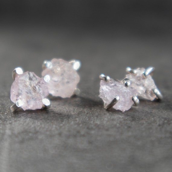 Raw Morganite Earrings Studs In Silver And Gold, Morganite Raw Crystal Jewelry, Raw Pink Stone Earrings For Women, Gift For Her