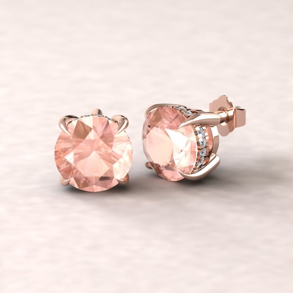 Round Solitaire Morganite Earrings With Diamond Halo And Fang Prongs, Lifetime Care Plan Included, Genuine Gems And Diamonds Ls5750