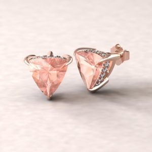 Shop Morganite Earrings! Trillion Morganite Earrings with Fang Prongs, Hidden Diamond Halo, Lifetime Care Plan Included, Genuine Gems and Diamonds LS5752 | Natural genuine Morganite earrings. Buy crystal jewelry, handmade handcrafted artisan jewelry for women.  Unique handmade gift ideas. #jewelry #beadedearrings #beadedjewelry #gift #shopping #handmadejewelry #fashion #style #product #earrings #affiliate #ad