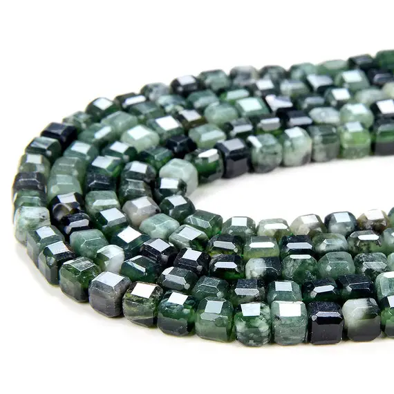 4mm Natural Green Moss Agate Gemstone Grade Aaa Micro Faceted Diamond Cut Cube Loose Beads (p41)