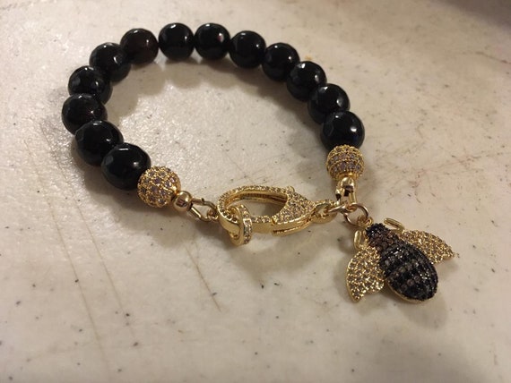 Black Bracelet - Onyx Gemstone Jewelry - Gold Jewellery - Cz - Luxe - Classic - Pave Bee Charm - Handmade - Beaded - Carmal - Fancy
