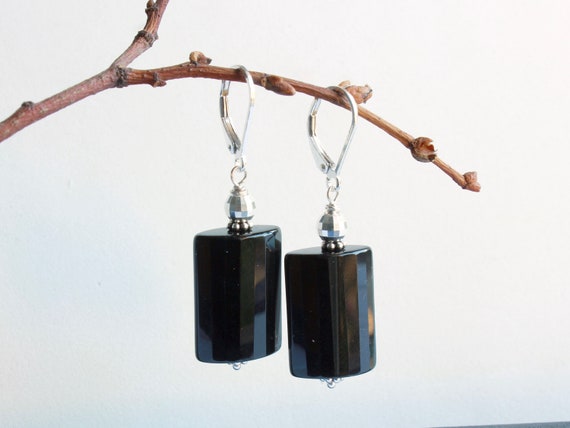Black Onyx Sterling Silver Earrings Natural Black Gemstone Rectangles Classic Statement Geometric Dangle Drops Mothers Day Gift For Her 5152