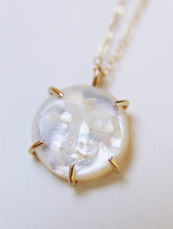 Pearl Moon Face Gold Necklace. Man In The Moon Pearl Necklace