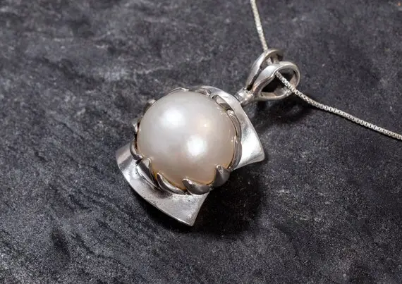 Statement Pearl Pendant, Mabe Pearl Necklace, White Pearl Necklace, Vintage Pearl Pendant, Solid Silver Necklace, Rare By Adina