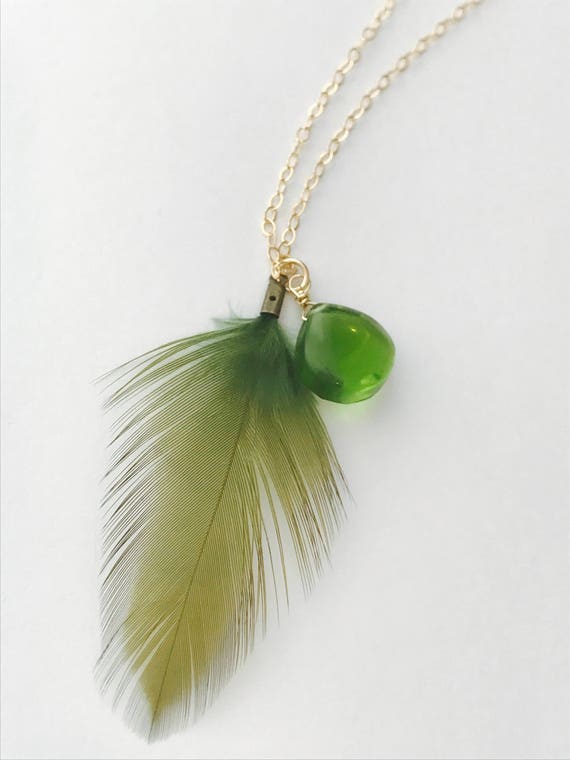 Peridot Necklace Feather Necklace Feather Peridot Necklace Boho Necklace August Birthstone Layering Necklace Charm Necklace Dainty Necklace