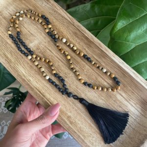 Lava stone and picture jasper mala necklace with silk thread | Natural genuine Gemstone necklaces. Buy crystal jewelry, handmade handcrafted artisan jewelry for women.  Unique handmade gift ideas. #jewelry #beadednecklaces #beadedjewelry #gift #shopping #handmadejewelry #fashion #style #product #necklaces #affiliate #ad