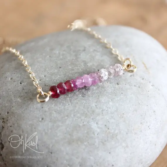 Pink Sapphire Ombre Necklace, Ombre Trend Jewelry, 14k Gold Fill, Pink Ombre Bar Necklace